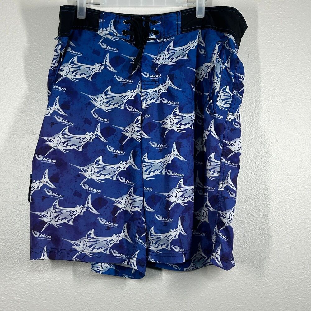 Mojo Board Shorts Mens 38 Blue Fish Print Lace Up Waist Pockets Swim Trunks